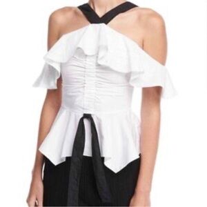 10 Crosby Derek Lam White and Black Ruffle off shoulder peplum effect Blouse 0